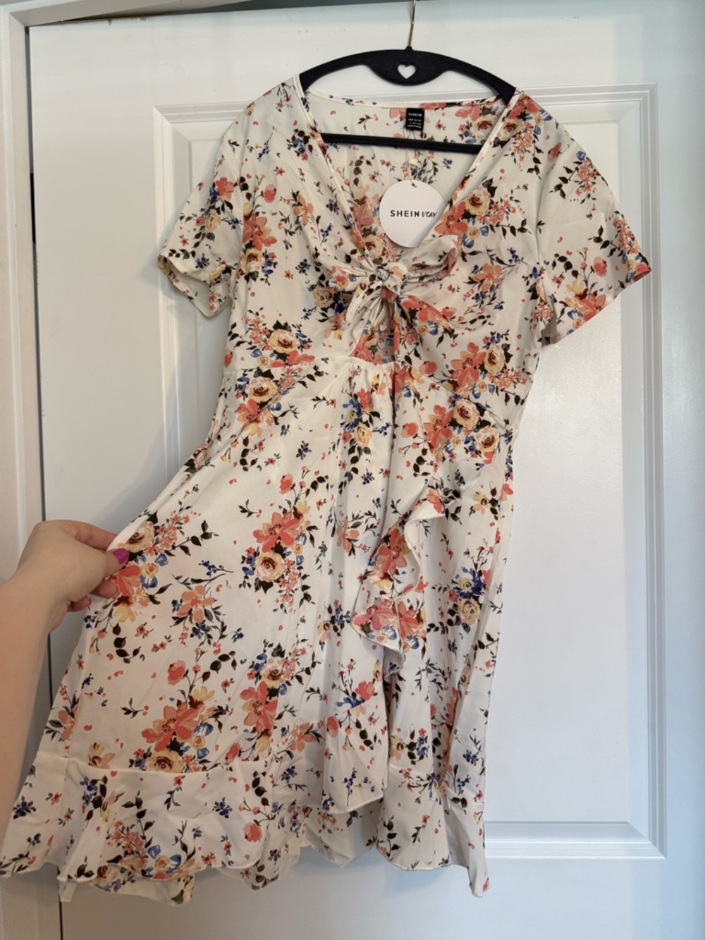 SHEIN Cream Floral Tie-Front Mini Dress with Peach & Blue Blooms